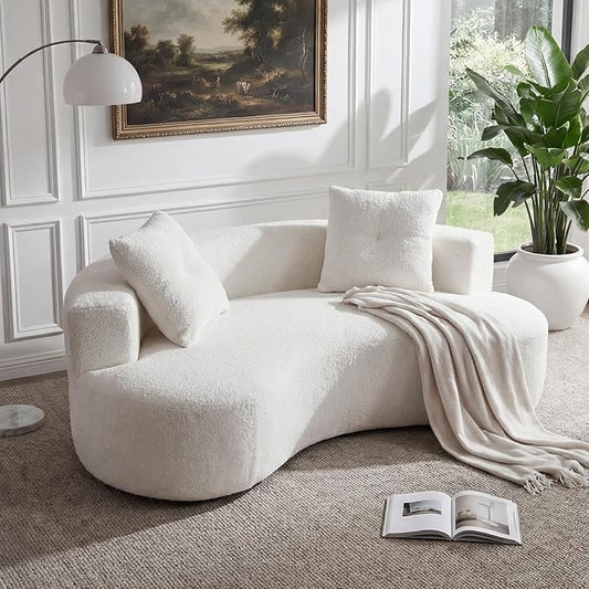 80'' Curved Loveseat Sofa Couch for Living Room, Deep Seat Cloud Boneless Floor Couch with 2 Pillows, Comfy Chenille Floor Sofa, Modern Round Loveseat Sofa for Small Space (CreamWhite, 80 Inch)