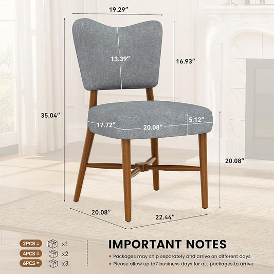 Dining Chairs Set of 6, Linen Upholstered, Solid Wood Legs, Gray | Mid Century Farmhouse, Cross-Brace Reinforced, Padded Cushion, Easy 15-Min Assembly, Kitchen Dining Room