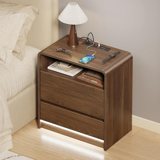 Messenya Mid Century Modern Nightstand Set of 2 with Organizer for Bedroom | Top Soft Close Drawer of 23.6'' Bedside Table with 6 Compartments, Motion Sensor LED Light, Charging Station, Walnut Finish