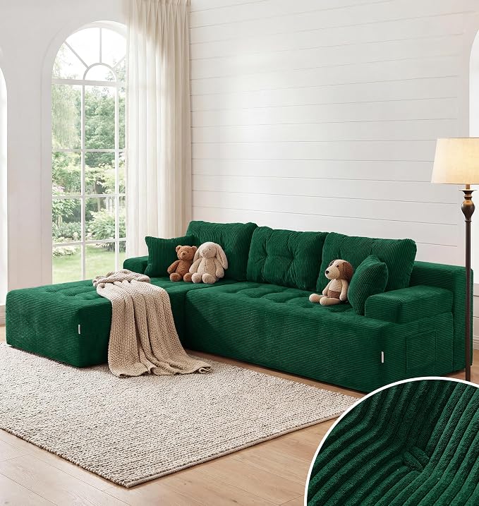 Hobestluk Modular Sectional Sofa Couches L-Shape Couch 3 Seat Modular Sofa Memory Foam Sectional Couches for Living Room, Cloud Couch with Oversized Chaise (Emerald Corduroy, 108", Left Hand Facing)
