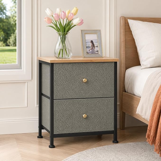 Sweetcrispy Nightstand with 2 Storage Drawers, Small Bedside Table | 20" Height End Table, Wooden Top Fabric Cabinet for Bedroom, Furniture, Closet, College Dorm, Ink Green