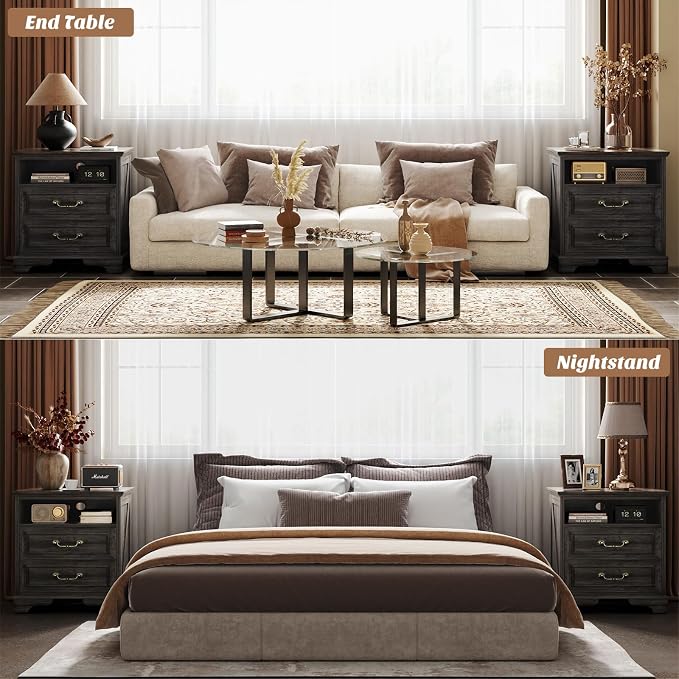 Unikito Farmhouse Nightstands Set of 2, Night Stands with Charging Station, Bedside Table with 2 Large Drawers & Vintage Handles, Side Table with Open Storage for Bedroom (Gray Oak)