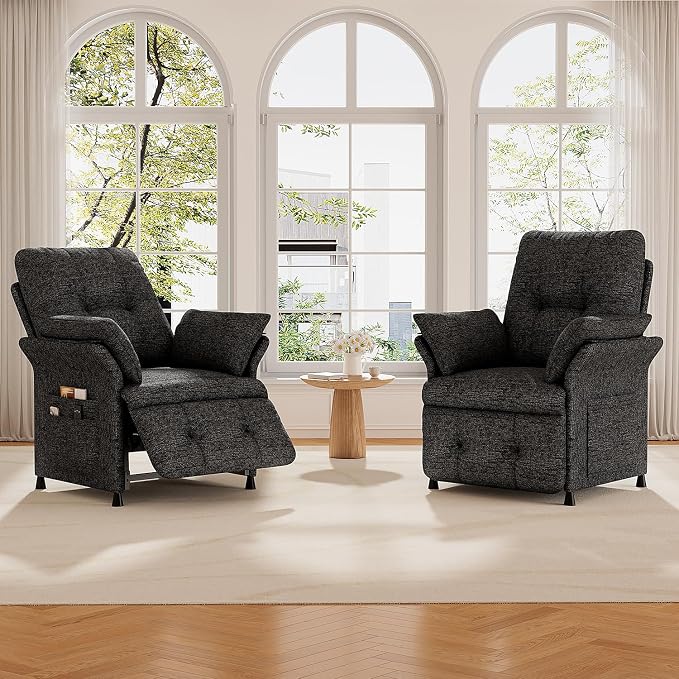 Power Recliner Chair for Adults with Heat & Massage - Linen Electric Reclining Sofa with Remote Control, 3 Side Pockets, 180° Lay Sleeper for Home Theater Living Room, Dark Grey