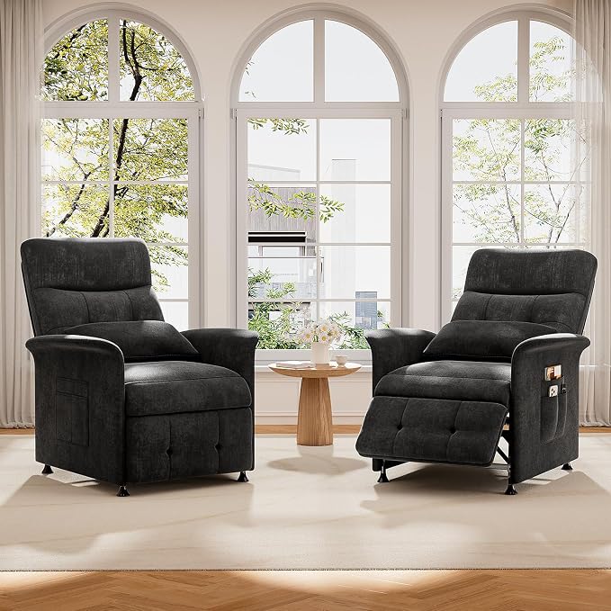 Power Recliner Chair for Adults with Heat & Massage - Soft Fabric Electric Reclining Sofa with Remote Control, 3 Side Pockets, 180° Lay Sleeper for Home Theater Living Room, Black