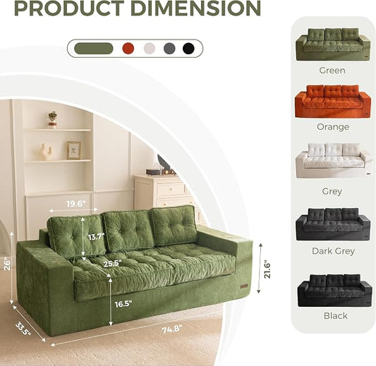 MAXYOYO 3-Seater Boneless Sofa Couch, Tufted Sofa Lounge for Living Room, Comfy Bean Bag Chair High-Density Foam Couch with Pillows, No Assembly Required