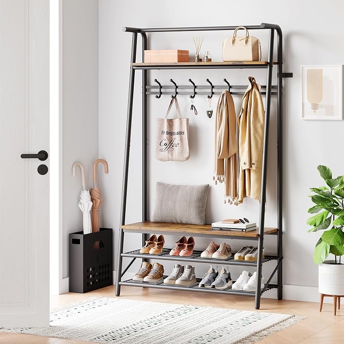 Jojoka Coat Rack Hall Tree with Shoe Storage Bench, 4-in-1 Entryway Organizer with 10 Hooks & 3-Tier Shoe Rack, Sturdy Metal Frame Freestanding Storage Unit for Hallway (Brown-Single Row, 39.4in)