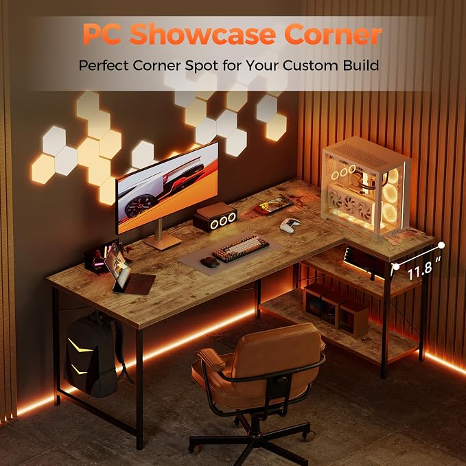 Mericonia Small L Shaped Computer Desk, Reversible Gaming Desk with Storage Shelves, Corner Gamer Desk Table, Study Writing Table