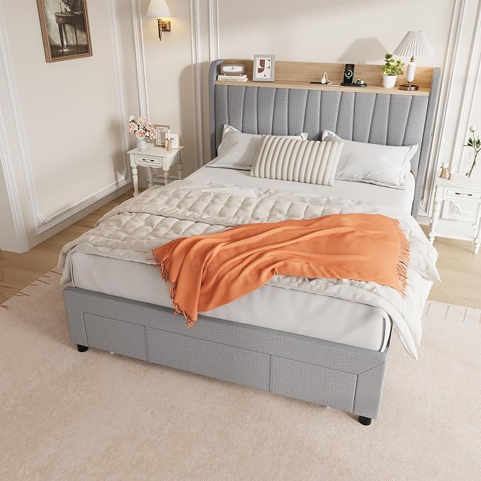 Garvee Upholstered Bed Frame Full Size with Storage Headboard and Charging Station, Platform Bed Frame with Drawers, Heavy Duty, No Box Spring Needed, Easy Assembly, Light Grey