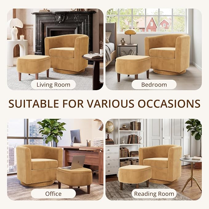 Swivel Accent Chair with Storage Ottoman Set of 2, Small Modern Velvet Barrel Chair, Upholstered Armchair with Footrest for Living Room/Reading/Bedroom, 24.8'' D x 25.38'' W x 25.6'' H, Yellow