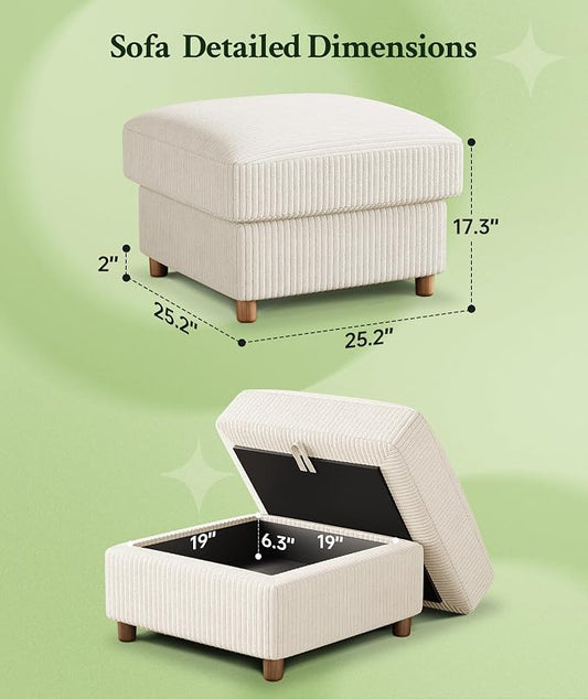 Welzona 25.2" Couches for Living Room, Comfy Beige Ottoman with Storage, Foot Rest Tool-Free Setup, Small Ottoman Foot Rest for Couch, Corduroy Couch for Bedroom, Apartment, Office