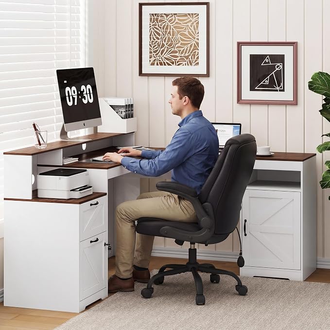MALOL 63" Farmhouse L Shaped Executive Desk, Corner Computer Desk with Drawers & Storage Shelf, Home Office Desk with Power Outlet, Monitor Stand, Wood Grain Desktop, White & Rustic Brown
