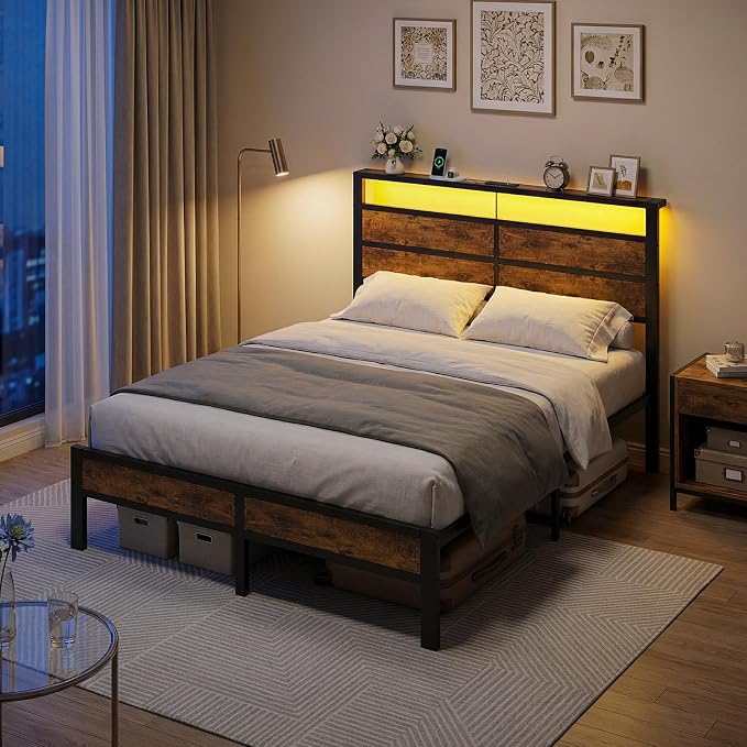 Queen Size Bed Frame with LED Lights, USB Type C Charging Headboard, Brown Metal Platform Bed with Storage Shelf, Noise Free Design, No Box Spring Needed