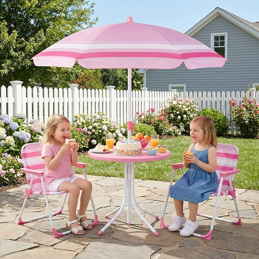 Olakids Kids Picnic Table, Outdoor Toddler Patio Furniture Set with 2 Folding Chairs Adjustable Foldable Umbrella for Garden Backyard Beach (Pink)