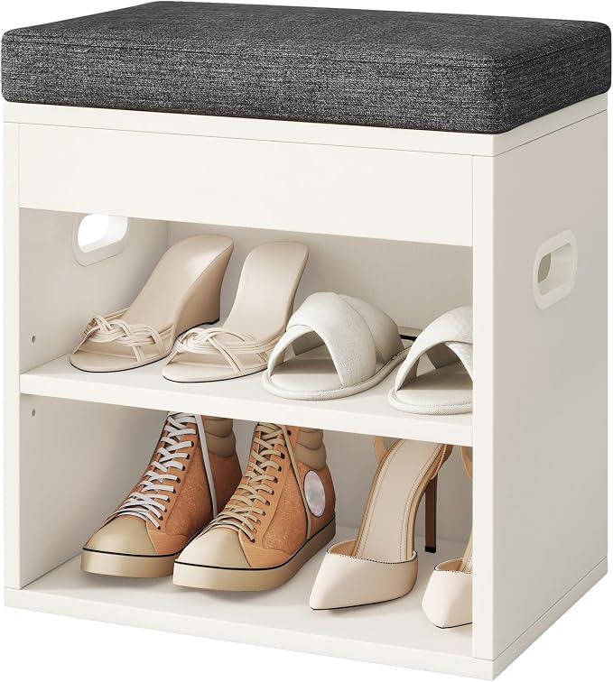 YMYNY Small Shoe Storage Bench with Cushion and Drawer, 2 Tier Adjustable Entryway Bench with Storage, Wooden Shoe Rack Bench for Entryway, Living Room, Hallway, Closet, Bedroom, White, HSC002W