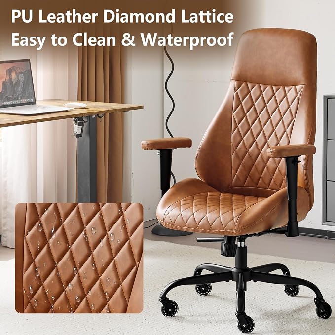 YFO Home Office Desk Chair High Back Office Rubber Casters Ergonomic Computer Chair with Lumbar Support Adjustable Height Rolling Swivel Chair Executive Task Armrests, Brown Leather
