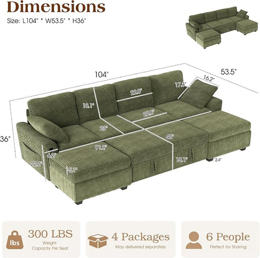 Ihanherry 6-Seater Large Sectional Sofa Bed with Storage Ottoman, Corduroy Reversible Modular Sleeper Sofa Couch with USB Port, 104" L-Shaped Convertible Couch for Living Room(Green)