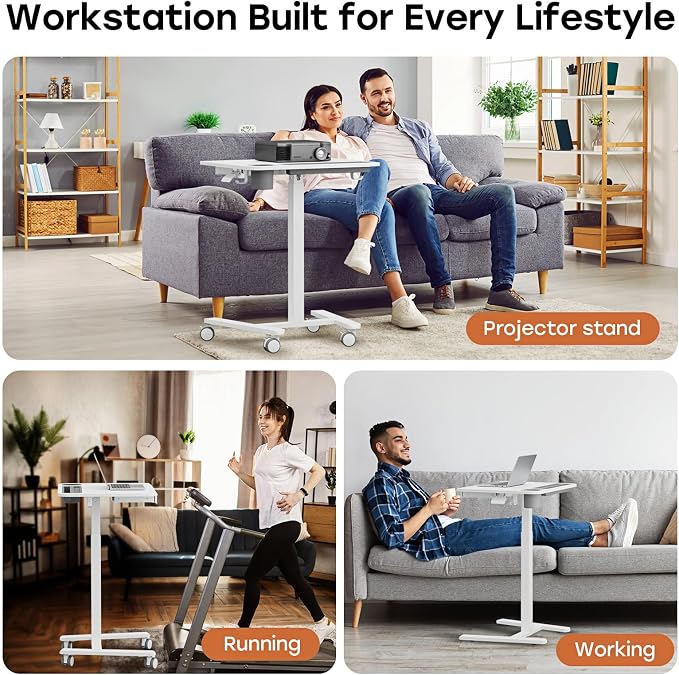Small Mobile Standing Desk with Drawer, 23.6"x19.7" Rolling Laptop Cart on Wheels, Height Adjustable Sit Stand Computer Workstation with Storage for Compact Space, White
