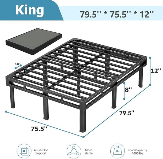 NKZ King Box Spring, 12 inch All-in-One Box Spring with 9 Legs for King Bed, 4000lbs Heavy Duty Metal Mattress Foundation with Fabric Cover, Noise Free, Easy Assembly, Black