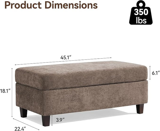 45 Inch Large Storage Ottoman Bench with Wooden Tray Coffee Table, Brown Chenille Upholstered Foot Rest, Multifunctional Foot Stool Ottoman for Living Room, Bedroom & Entryway, Solid Wood Legs