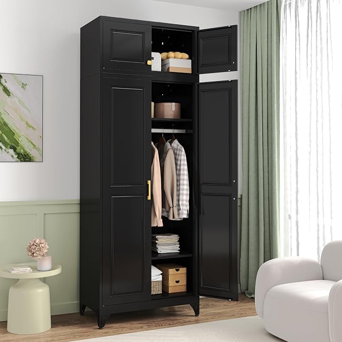 86" Metal Wardrobe Cabinets,Black Armoire Wardrobe Closet with Hanging Rod,Clothes Storage Cabinet with Adjustable Shelves and Doors,Clothing Cabinet for Bedroom,Laundry Room
