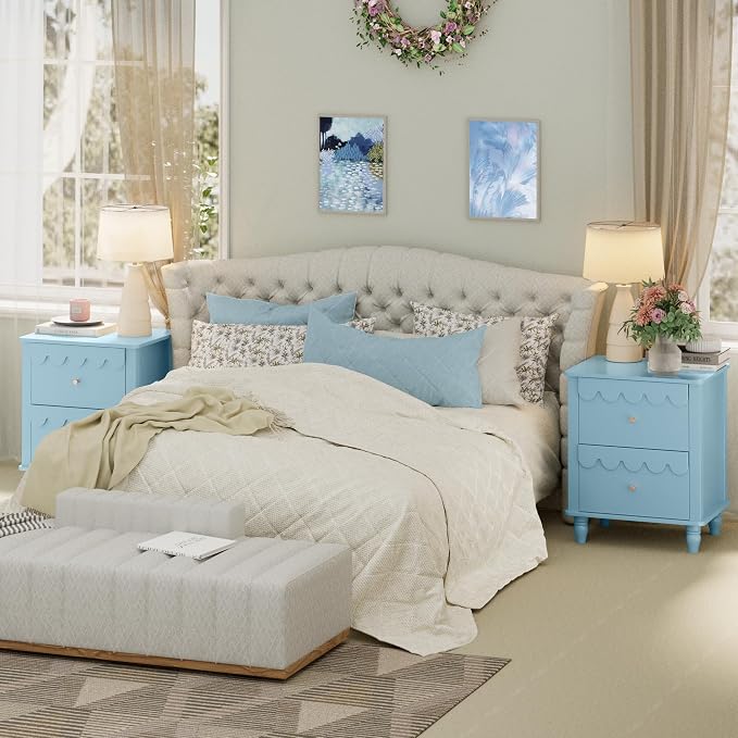 Anbuy Blue Nightstand Set of 2 with Petal Pattern, Modern Night Stand Set 2 with 2 Drawers for Bedroom, Side End Table Scalloped Bedside Night Tables with Solid Wood Legs
