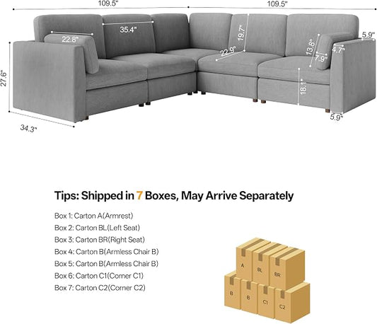 Oversized Modular Sectional Sofa V-Shaped Cloud Couches Gray | 109'' Deep Seat Couch for Living Room, 5-Seater Luxury Comfortable Corner sofa, Solid Wood Frame, Removable Washable Cover