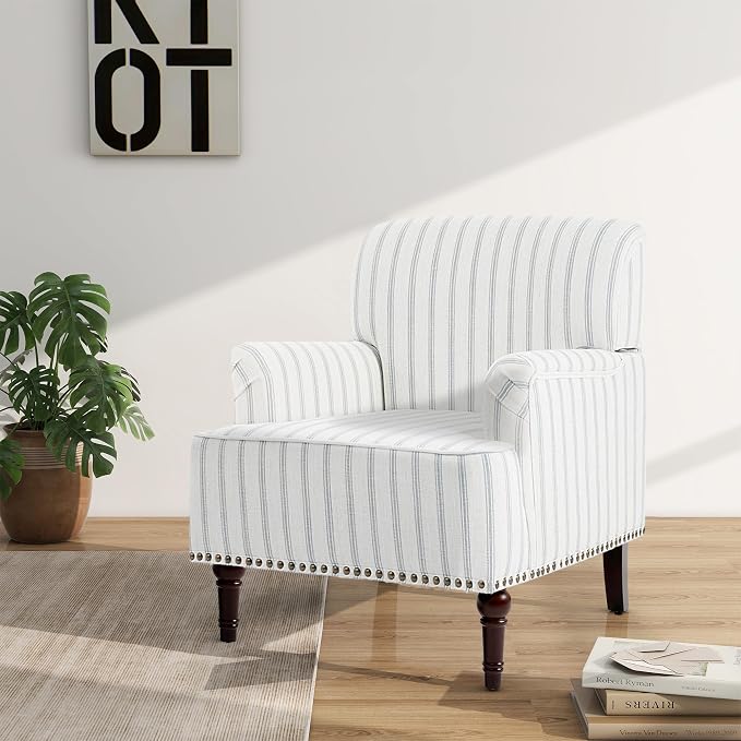 Accent Chair, Mid Century Modern Comfy Armchair for Living Room, Linen Fabric Single Sofa Lounge for Reading Bedroom Apartment Waiting Room with Wood Legs (Pinstripe Light Blue, Set of 2)