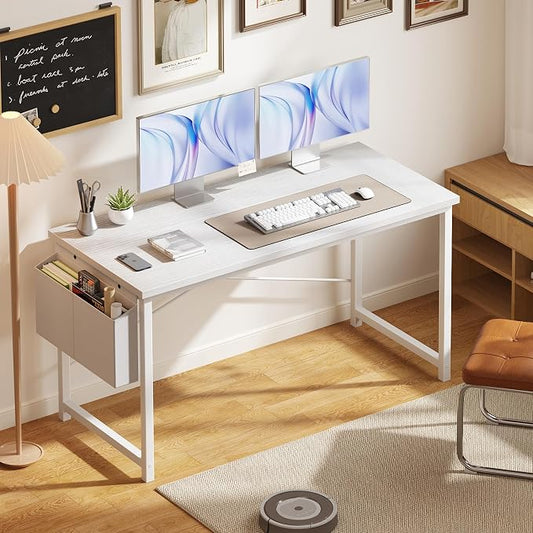 OLIXIS Computer Desk, 55 Inch Home Office Desks for Small Spaces, Writing Craft Study Gaming Table for Bedroom, Modern Computer Workstation with Storage Bag, All White