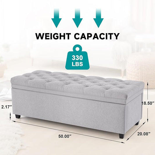 Mangodan 50" Storage Ottoman Bench, Tufted Ottoman with Storage for Living Room, Large End of Bed Ottomans, Modern Entryway Benchs, Window & Bedroom Benches for Foot of Bed (LightGray)