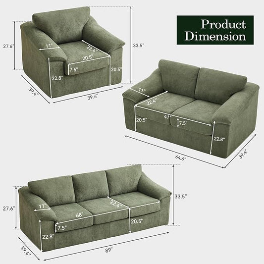 Oversized Boneless Couch Sets, Modern 3 Seater Sofa, Loveseat Sofa with Accent Sofa Chair, Floor Cloud Couch Sets with Extra Comfy Soft Deep Seats for Living Room, No Assemby, Set of 3, Green