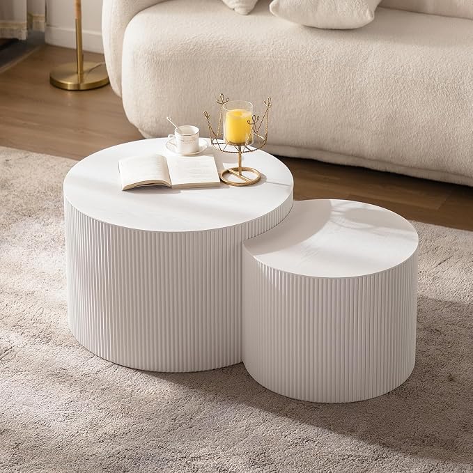 Round Nesting Coffee Table Modern White Fluted Coffee Table Set of 2 Stripe Round Coffee Tables Drum Crescent Side Table Accent End Table for Living Room (White A Small)