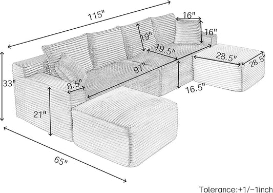 115" U-Shaped Cloud Sectional Couch, Modular Compressed Boneless Sectional Sofa W/Reversible Ottoman Chaise Lounge, Plush Corduroy Boneless Symmetrical Sofa for Living Room