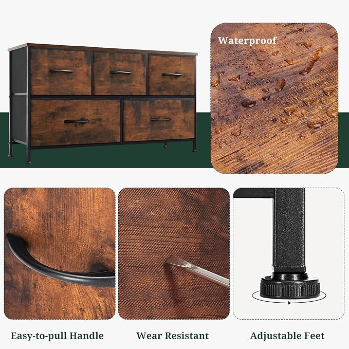 5-Drawer Dresser for Bedroom, Anti-Tip Wide Storage Organizer Fabric Chest of Drawers TV Stand for 45" TV with Wooden Top and Metal Frame for Closet, Living Room, Hallway, Entryway, Brown