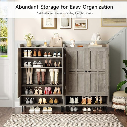 ONBRILL Shoe Cabinet with Cross Molding Doors, 6-Tier Shoe Storage Cabinet with 3 Adjustable Shelves and Metal Legs, 45'' Tall Shoes Rack Organizer Cabinet for Entryway, Front Door, Gray Wash