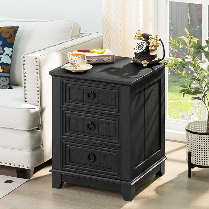 Joaxswe 18" Farmhouse Night Stand with 3 Drawers, Wood End Table Dresser for Bedroom, Black Nightstand, Bed Side Table with Metal Handle, Bedside Cabinet for Bedroom Living Room, Closet