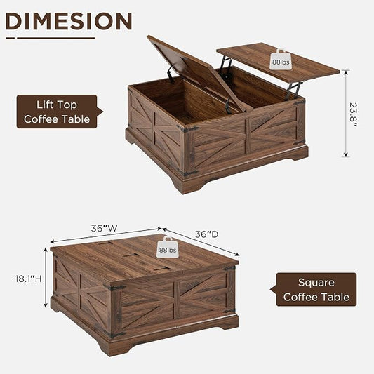 JXQTLINGMU Farmhouse Lift Top Coffee Table with Large Storage, 36" Square Wood Living Room Table with Hidden Compartment, Lift Tabletop Dining Table for Home, Brown