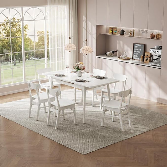 Muwuele Solid Wood Extendable Dining Table for 4-8 People with Seamless Extension from 47.2 to 63 Inches, Easy Assembly, Expandable Tables for Small Spaces, Dining Room, Kitchen, Living Room, White