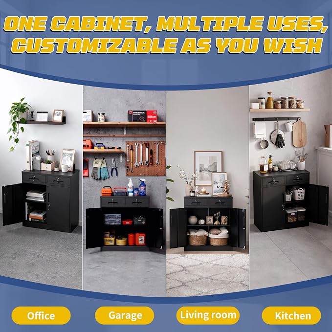 Metal Storage Cabinet with Drawer and Adjustable Shelve, 35" Steel Garage Storage Cabinets with lock, Locking Tool Cabinet Utility Cabinets for Garage,Bathroom,Kitchen,Home Office,School,Shop