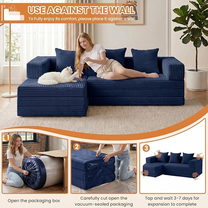 79" Modular Sectional Sofa, Boneless Convertible Sleeper Sofa Bed, Modern Tri-Folding Cloud Couch with L-Shape Chaise, Corduroy Futon for Living Room Small Spaces Apartment, No Assembly,Blue