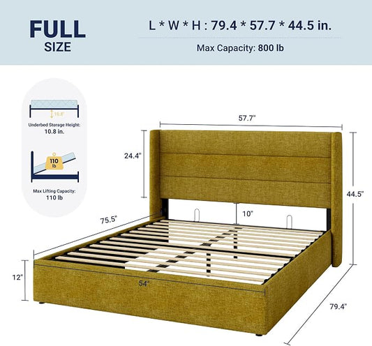 Allewie Full Size Lift Up Storage Bed, Modern Wingback Headboard, Hydraulic Support, No Box Spring Needed, Olive Yellow