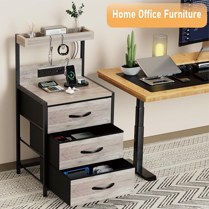 SZLHANJZ Night Stand Set 2 with LED Lights for Bedroom, Bedside Nightstands with Power Outlet and Type C Port, Matching Tables with 3 Fabric Drawers, Hooks, and Shelves, Greige
