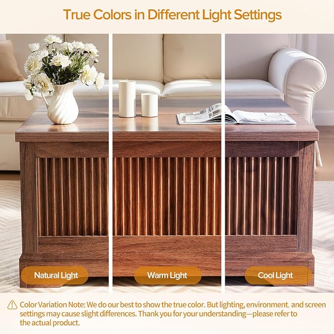 Memobarco Lift Top Coffee Table with Storage, Fluted Coffee Tables with Lifting Top, Modern Farmhouse Square Center Table for Living Room, Home Office, with Hidden Compartment, Flip-Up Lids, Walnut