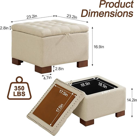 WUTUTUEE 24" Fabric Square Storage Ottoman with Wooden Tray, Modern Tufted Button Footstool Coffee Table, Upholstered Small Ottoman for Living Room, Bedroom, Khaki