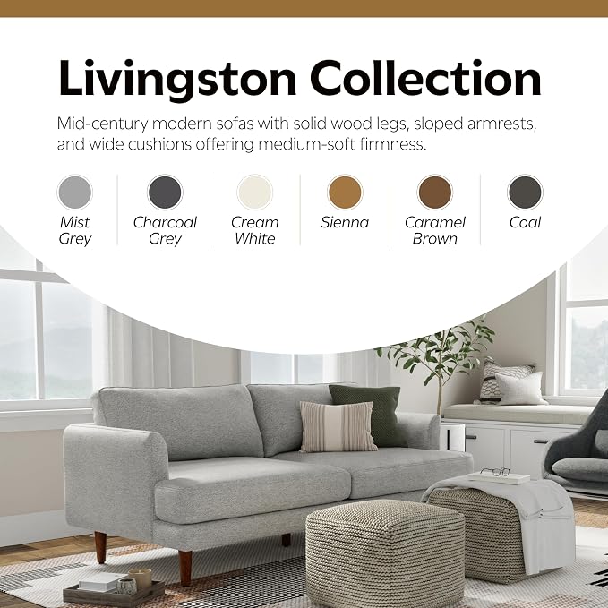SIMPLIHOME Livingston 76" Wide x 33" High Sofa in Mist Grey Woven-Blend Fabric, Handcrafted Loveseat Couch for Living Room or Family Room, Mid-Century Modern Style, Solid Wood Frame