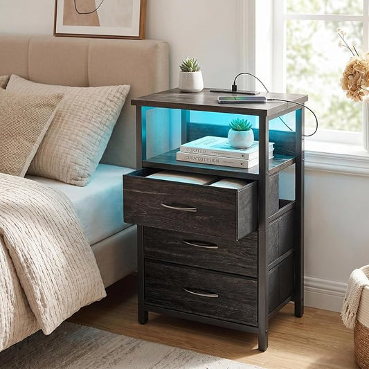 Fixwal Night Stand with Charging Station, LED Nightstand with Fabric Drawers, End Table with PU Finish, Bed Side Table, Black Oak