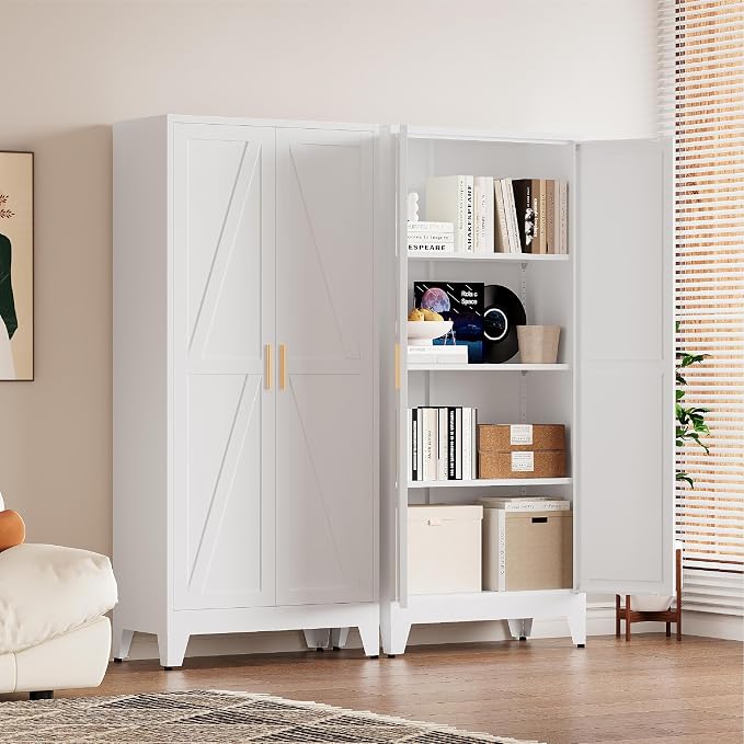 61”H Metal Kitchen Pantry Cabinet, Pantry Cabinets with 2 Doors and 3 Shelves, Kitchen Cabinet for Kitchen, Dining Room, Living Room and Bathroom, White