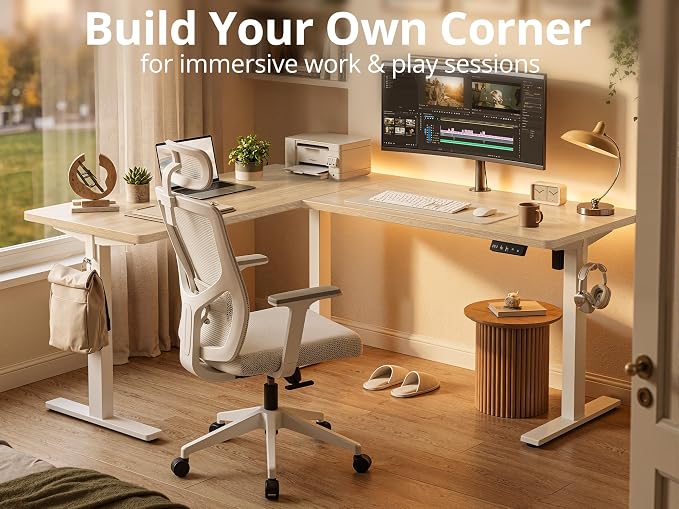 TIQLAB L Shaped Standing Desk Adjustable Height, Reversible Electric Corner Standing Desk, 63 x 55 inch Sit Stand Computer Table with Splice Board, Maple