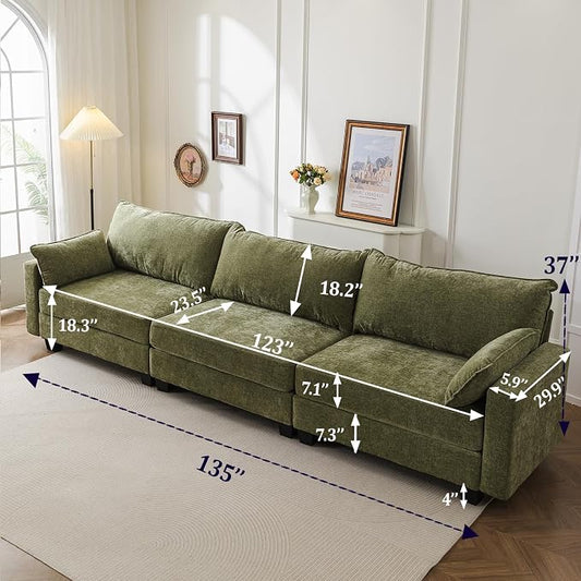 135'' Modular Sectional Couch with All Seats Storage,Oversized 3-Seater Comfy Sofa with 7.8'' Upholstered Cushion,Big Couches with Throw Pillows for Living Room,Bedroom,Chenille,Green