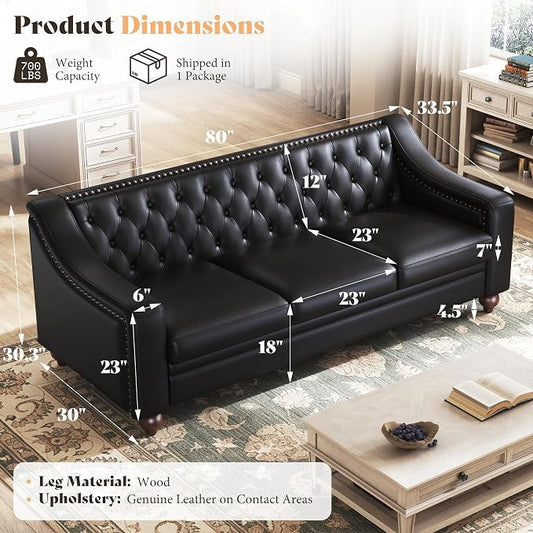 AMERLIFE 80" Leather Sofa, Modern Chesterfield Genuine Leather Sofa, Tufted 3 Seater Black Leather Couch with Curved Arms, Leather Couches for Living Room