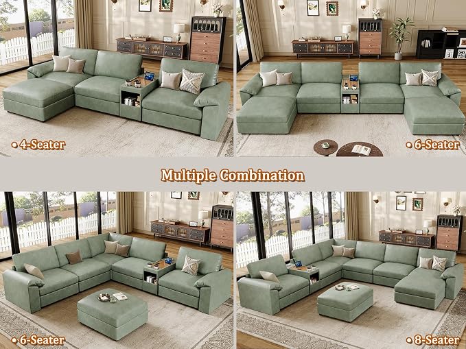 EASE MOOSE Faux Leather Sectional Couch with Console,Oversized Modular Sofa,Modern Comfy Modular Couch,Scratch Resistant Material Sofas,U Shaped Couch for Big Spaces,Green
